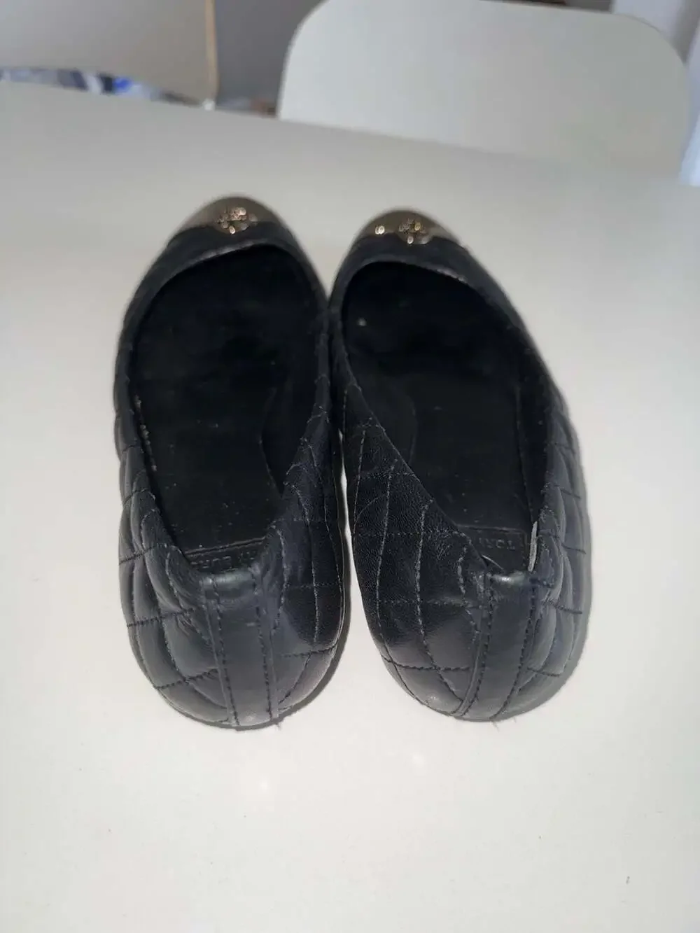 Tory Burch Black Quilted Leather Metal Toe Cap Ballet Flats Size 8M